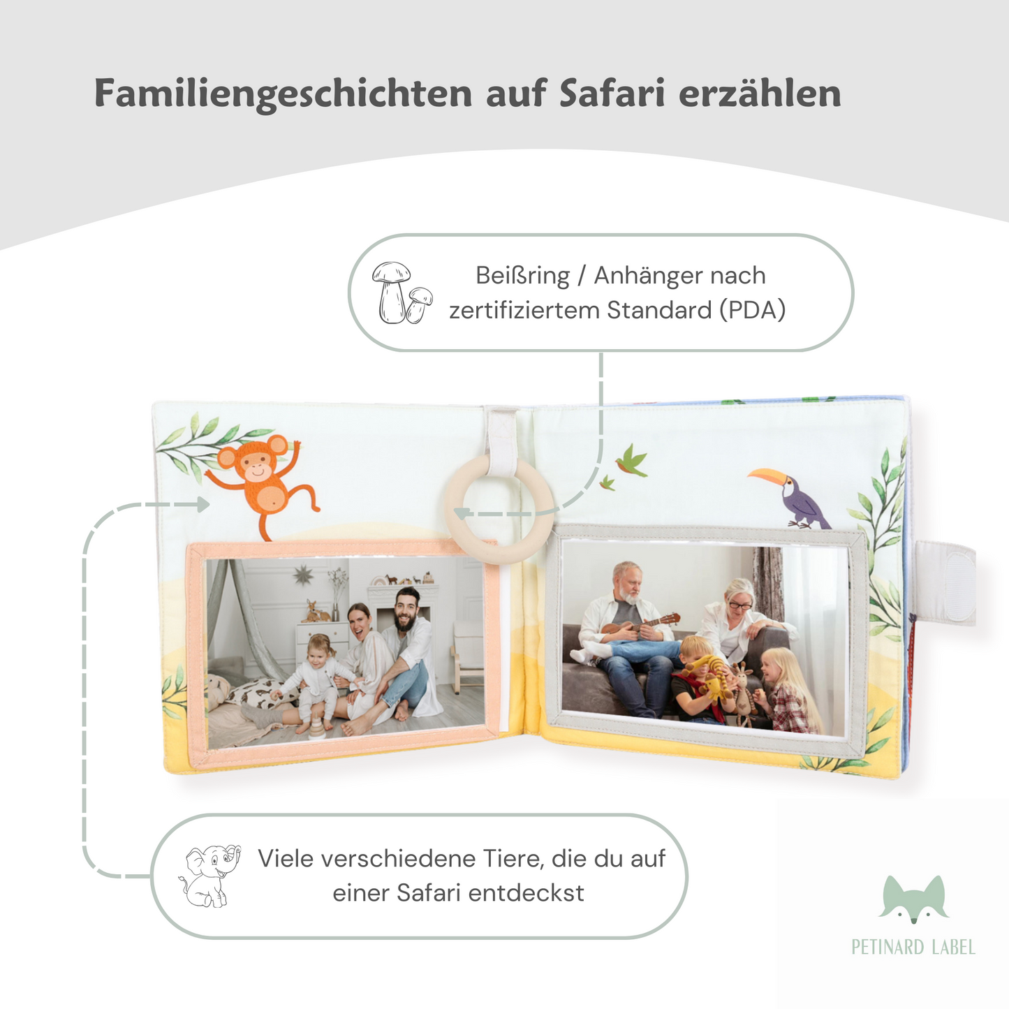 Fotoalbum für Baby und Kinder als Erinnerungsbuch aus Bio-Baumwolle mit Beißring und Anhänger, Baby ab 0 Monaten, Geschenke zur Geburt und zur Eingewöhnung