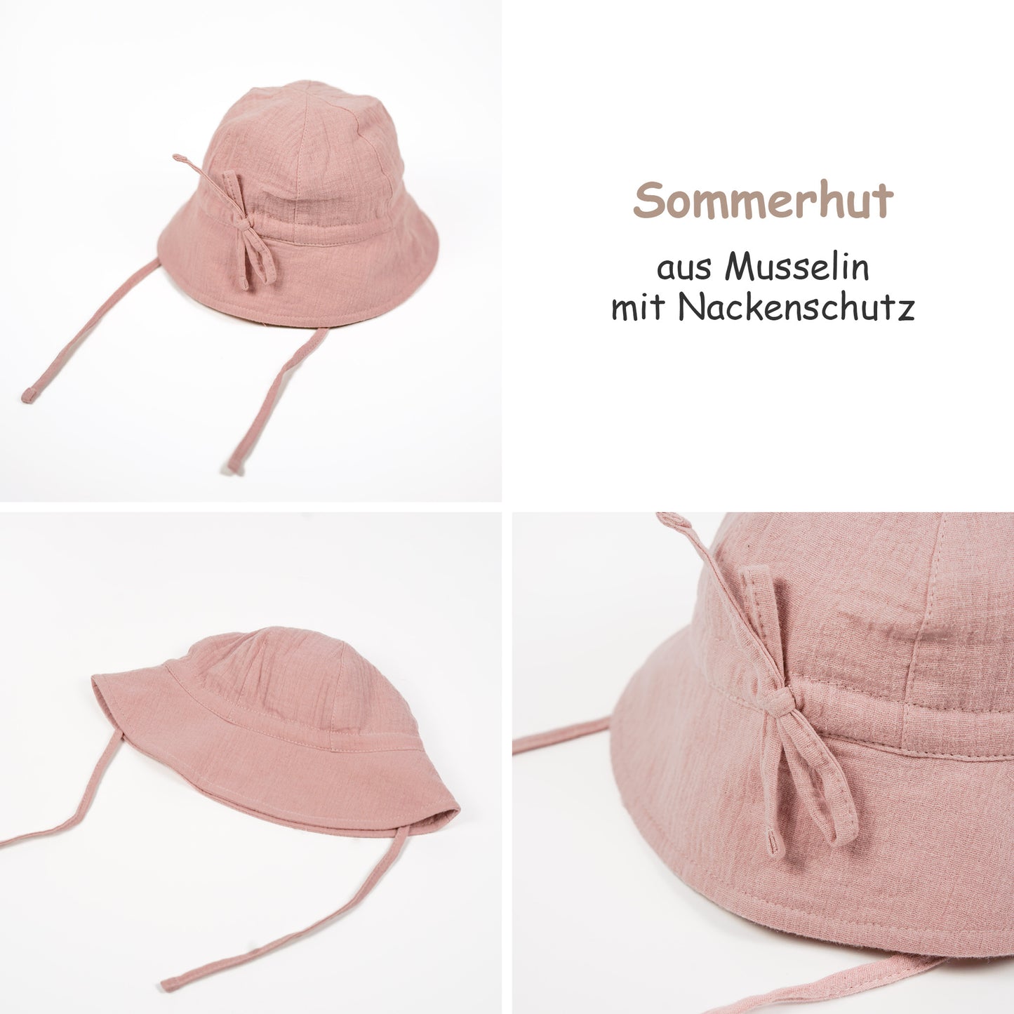 Sonnenhut aus Musselin mit Nackenschutz in Rosa, UV-Schutz UPF 50+, Babys & Kinder Unisex